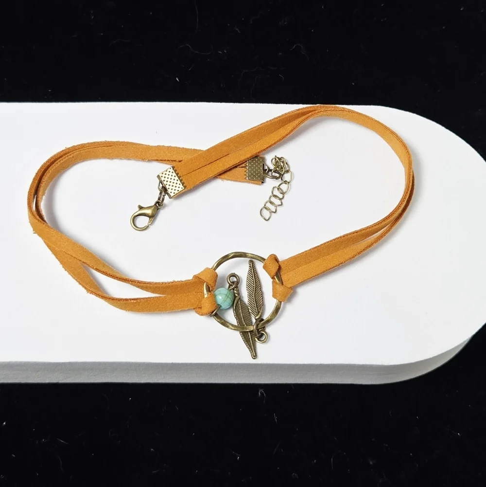 Western Feather Choker Necklace | Brown Suede Turquoise Boho Cowboy Style